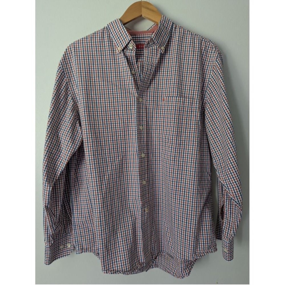 IZOD Blue Orange Tattersall Check Cotton Long Sleeve Button Down Shirt Mens L